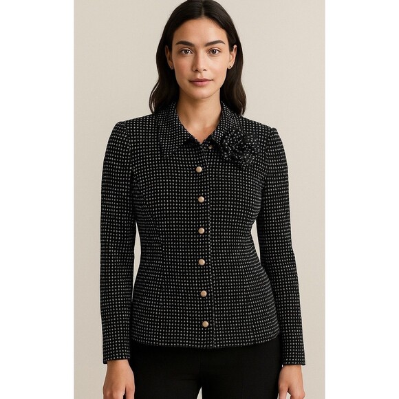 ST JOHN  Collection Blazer Jacket Black/White  Pearl-Like Gold- Trim  Buttons 12 - Picture 1 of 15